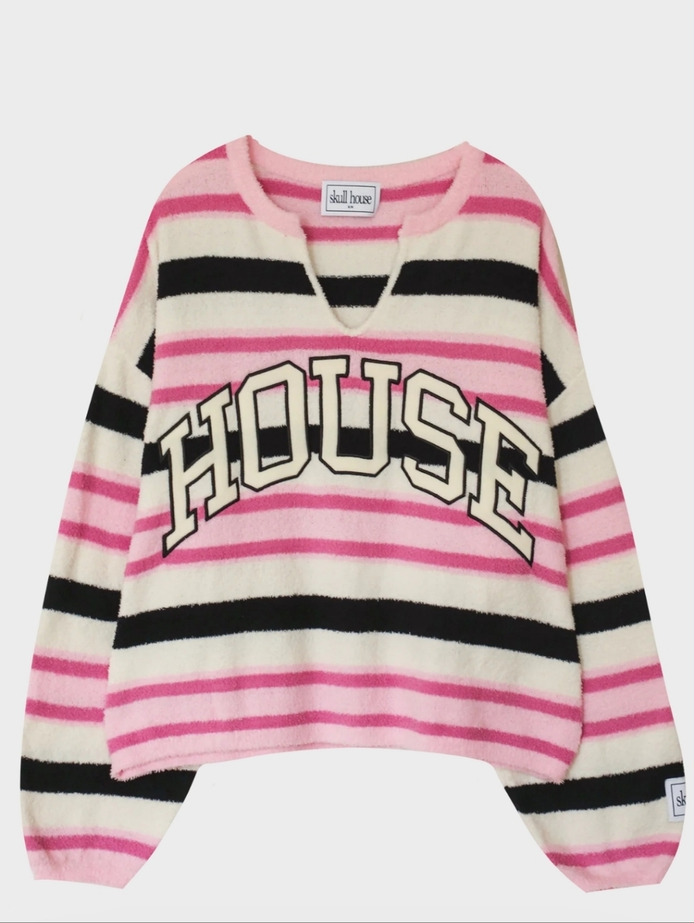 Skull House Pink Striped V-Neck 'HOUSE' Graphic Sweater